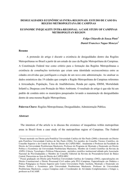 Desigualdades Econômicas Intra-Regionais: Estudo De Caso Da Região Metropolitana De Campinas
