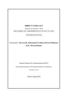 DIRECT TAXES ACT Approved on February 22, 1988 (INCLUDING ALL AMENDMENTS up to JULY 22, 2015)