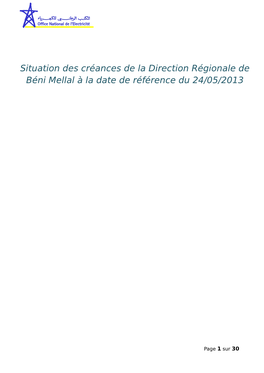 Situation Des Créances De La Direction Régionale De Béni Mellal À La Date De Référence Du 24/05/2013