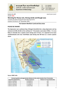 Warning for Heavy Rain, Strong Winds and Rough Seas Issued by the Natural Hazards Early Warning Centre Issued at 10.30 P.M