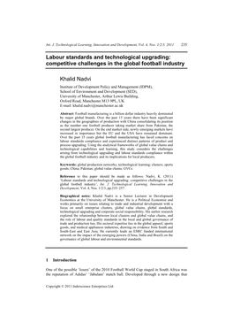 Labour Standards and Technological Upgrading: Competitive Challenges in the Global Football Industry Khalid Nadvi