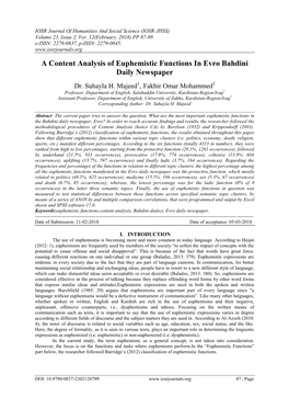 A Content Analysis of Euphemistic Functions in Evro Bahdini Daily Newspaper