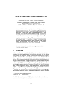 Social Network Services: Competition and Privacy