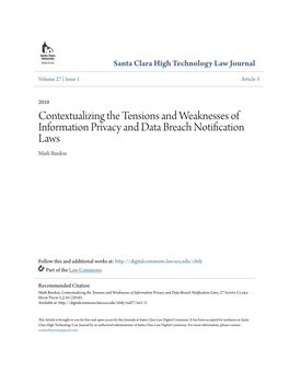 Contextualizing the Tensions and Weaknesses of Information Privacy and Data Breach Notification Laws Mark Burdon