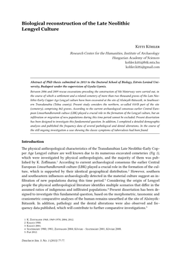 Biological Reconstruction of the Late Neolithic Lengyel Culture