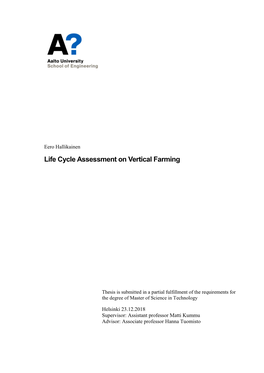 Life Cycle Assessment on Vertical Farming