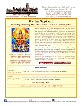 Ratha Saptami Thursday, February 18Th, 2021 & Sunday, February 21St, 2021