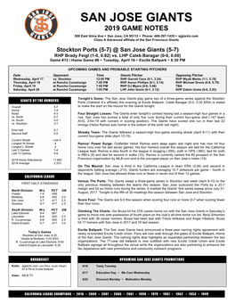 San Jose Giants 2019 Game Notes