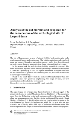 Analysis of the Old Mortars and Proposals for the Conservation of the Archeological Site of Logos-Edessa