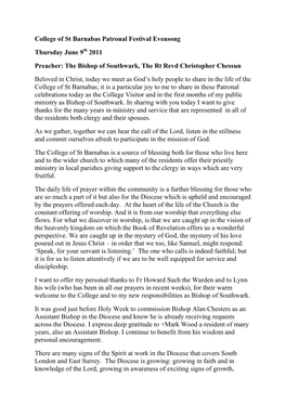 College of St Barnabas Patronal Festival Evensong Thursday June 9 2011 Preacher: the Bishop of Southwark, the Rt Revd Christophe