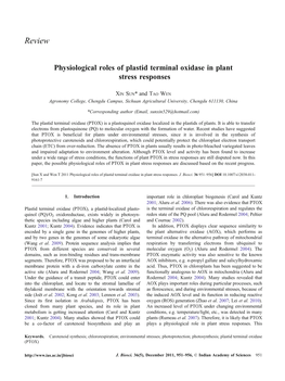 Physiological Roles of Plastid Terminal Oxidase in Plant Stress Responses