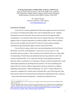 1 Evolving Expectations of Public Office in Mexico: 1920-Present Paper Presented at the University of Warwick/AHRC (UK) Conferen