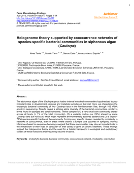 Hologenome Theory Supported by Cooccurrence Networks of Species-Specific Bacterial Communities in Siphonous Algae (Caulerpa)