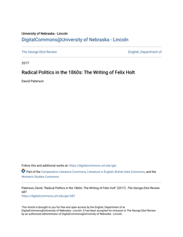 Radical Politics in the 1860S: the Writing of Felix Holt