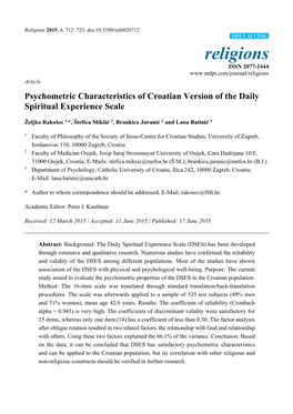 Psychometric Characteristics of Croatian Version of the Daily Spiritual Experience Scale