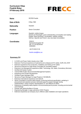 Curriculum Vitae Fredrik Rüter 9 February 2016