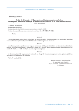 Arrêté Du 30 Octobre 2012 Portant Modification Des Circonscriptions