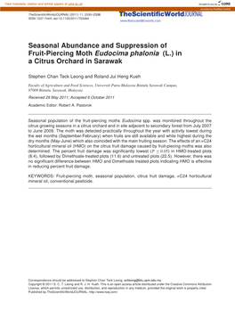 Seasonal Abundance and Suppression of Fruit-Piercing Moth Eudocima Phalonia (L.) in a Citrus Orchard in Sarawak