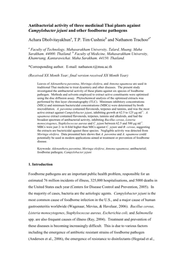 Antibacterial Activity of Three Medicinal Thai Plants Against Campylobacter Jejuni and Other Foodborne Pathogens Achara Dholvit