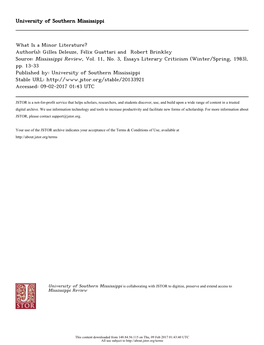 What Is a Minor Literature? Author(S): Gilles Deleuze, Félix Guattari and Robert Brinkley Source: Mississippi Review, Vol