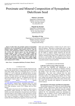 Proximate and Mineral Composition of Synsepalum Dulcificum Seed