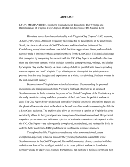 ABSTRACT LYON, MEGHAN RUTH. Southern Womanhood in Transition: the Writings and Reminiscences of Virginia Clay Clopton. (Under Th