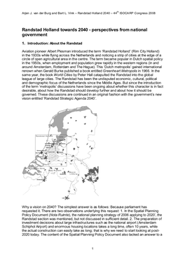 Randstad Holland Towards 2040 - Perspectives from National Government