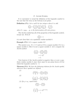 17. Jacobi Symbol It Is Convenient to Exend the Definition of The