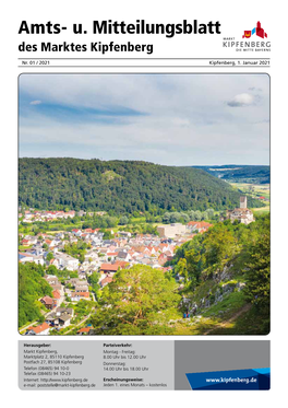 Amts- U. Mitteilungsblatt Des Marktes Kipfenberg