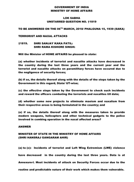 Government of India Ministry of Home Affairs Lok Sabha Unstarred Question No. †1819 to Be Answered on the 06Th March, 2018/ Ph