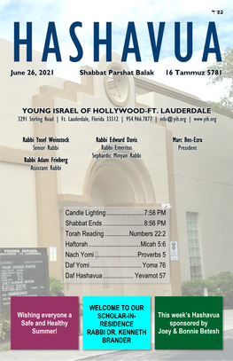 HASHAVUA June 26, 2021 Shabbat Parshat Balak 16 Tammuz 5781