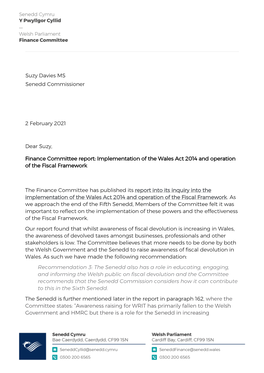 Letter from the Chair of the Finance Committee to Senedd Commission