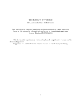 The Riemann Hypothesis the American Institute of Mathematics