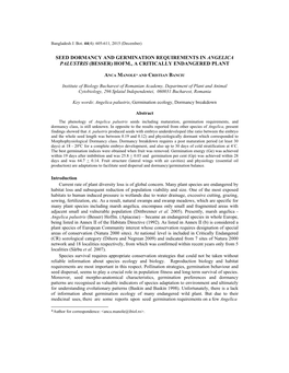 Seed Dormancy and Germination Requirements in Angelica Palustris (Besser) Hofm., a Critically Endangered Plant