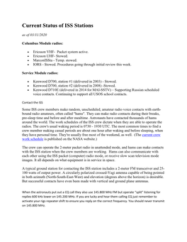 Current Status of ISS Stations As of 03/31/2020