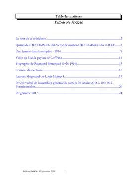 Table Des Matières Bulletin No 55/2016