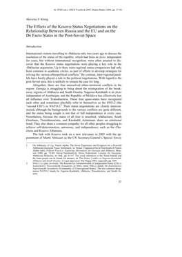 The Effects of the Kosovo Status Negotiations on the Relationship Between Russia and the EU and on the De Facto States in the Post-Soviet Space