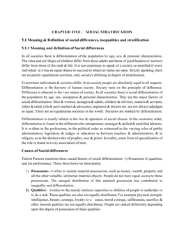 5.1 Meaning & Definition of Social Differences, Inequalities and Stratification 5.1.1 Meaning and Definition of Social Diffe