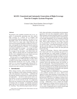 KLEE: Unassisted and Automatic Generation of High-Coverage Tests for Complex Systems Programs