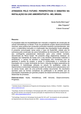 Perspectivas E Debates Na Instalação Da Uhe Aimorés/Itueta - Mg, Brasil