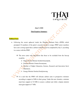 June 5, 2020 Thai Enquirer Summary Political News • Following The