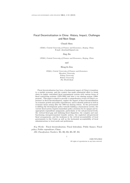 Fiscal Decentralization in China: History, Impact, Challenges and Next Steps
