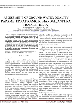 Assessment of Ground Water Quality Parameters at Kanigiri Mandal, Andhra Pradesh, India