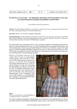 Dr. DIETRICH VON KNORRE – Der Malakologe, Museologe Und Naturschützer Sowie Einer Der Letzten Klassischen Zoologen Deutschlands Wurde 80 Jahre