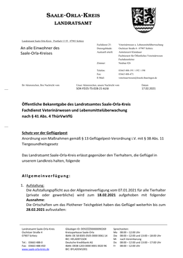 Öffentliche Bekanntgabe Des Landratsamtes Saale-Orla-Kreis Fachdienst Veterinärwesen Und Lebensmittelüberwachung Nach § 41 Abs