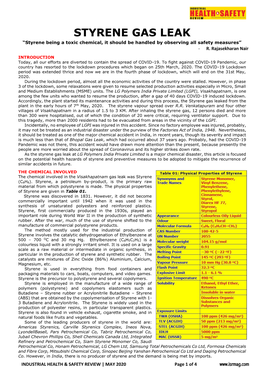 STYRENE GAS LEAK “Styrene Being a Toxic Chemical, It Should Be Handled by Observing All Safety Measures” - R