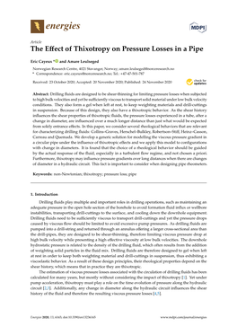 The Effect of Thixotropy on Pressure Losses in a Pipe