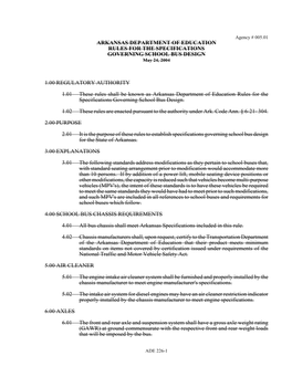 ARKANSAS DEPARTMENT of EDUCATION RULES for the SPECIFICATIONS GOVERNING SCHOOL BUS DESIGN May 24, 2004