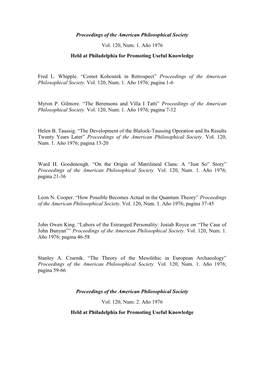 Proceedings of the American Philosophical Society Vol. 120, Num
