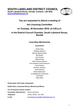 South Lakeland District Council LICENSING COMMITTEE